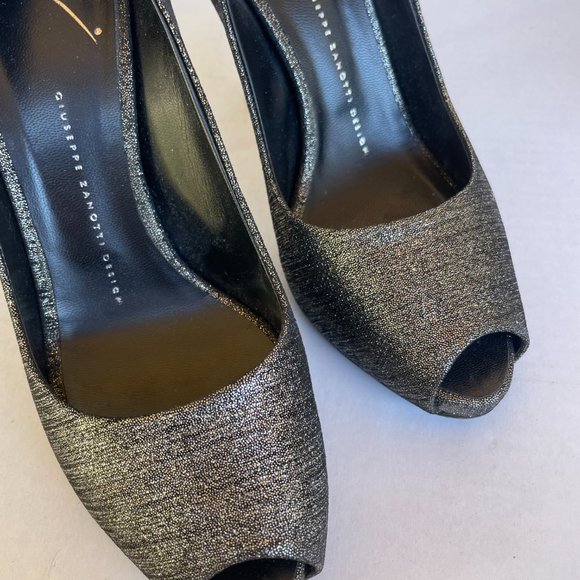 Giuseppe Zanotti Peep Toe Pumps Sz 39 Black/Grey Glitter Fabric Stiletto Heels - Picture 10 of 12
